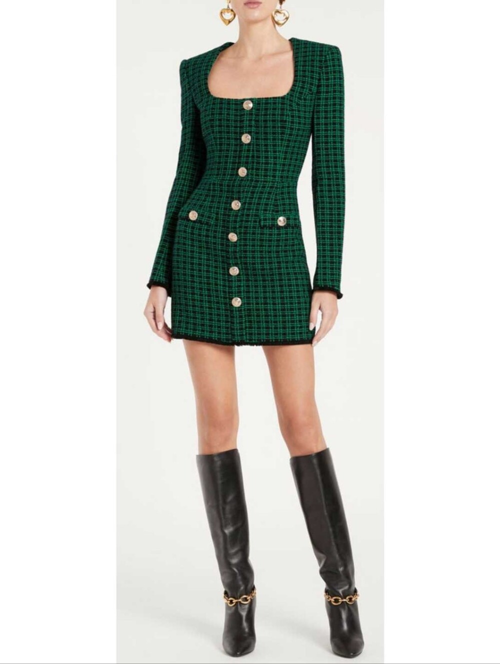 Rebecca Vallance Becca Dress Green Plaid Gold Button Long Sleeve Mini Tweed 90s - Picture 2 of 8